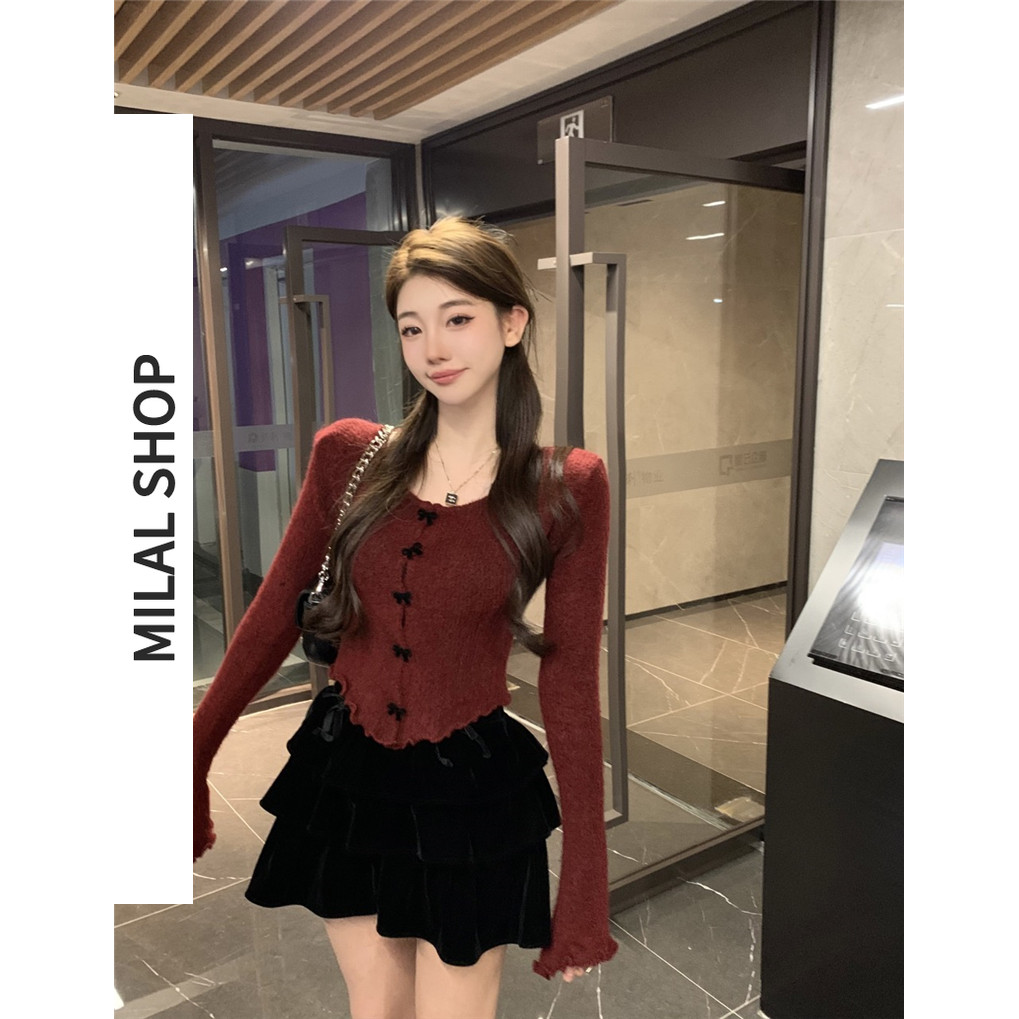 Áo len dệt kim màu đỏ dành cho nữ Áo len dệt kim mùa đông được trang bị Crop Top Layering Base Layer