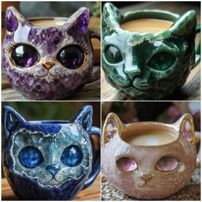 UKI Shimmering Cats Face Resin Geode Coffee Cup Artisanal Crafted Collectible