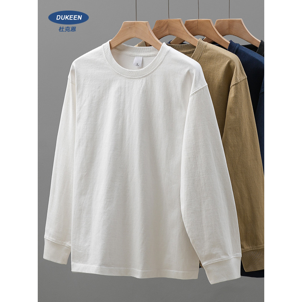 Dukeen Áo thun nam cổ tròn phong cách Mỹ, chất liệu cotton nặng, màu trắng