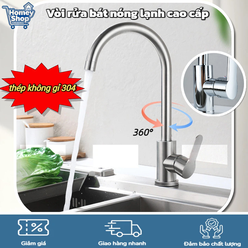 Vòi Rửa Chén Nóng Lạnh Inox 304,Xoay 360°, Lắp Đặt Dễ Dàng, Phủ Nano Kháng Khuẩn, Tiết Kiệm Nước, Tặ