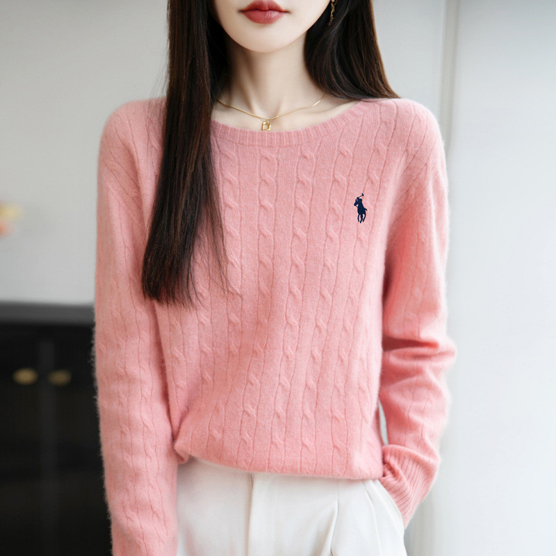 Nữ Mùa Thu Thêu Họa Tiết Chunky Cáp Đan Mềm Cổ Tròn Thoải Mái Áo Len Màu Trơn Mùa Đông Dài Tay Áo