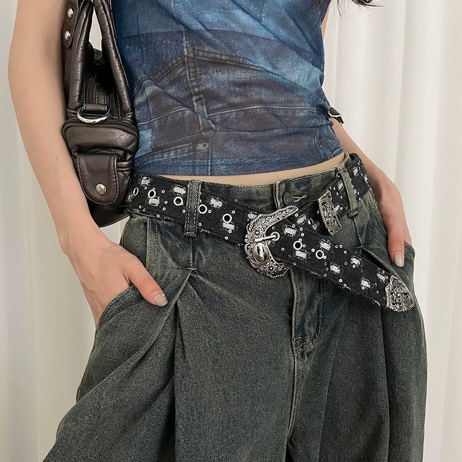 Thắt lưng denim xanh nữ style retro, thiết kế cao cấp, phù hợp outfit Y2K