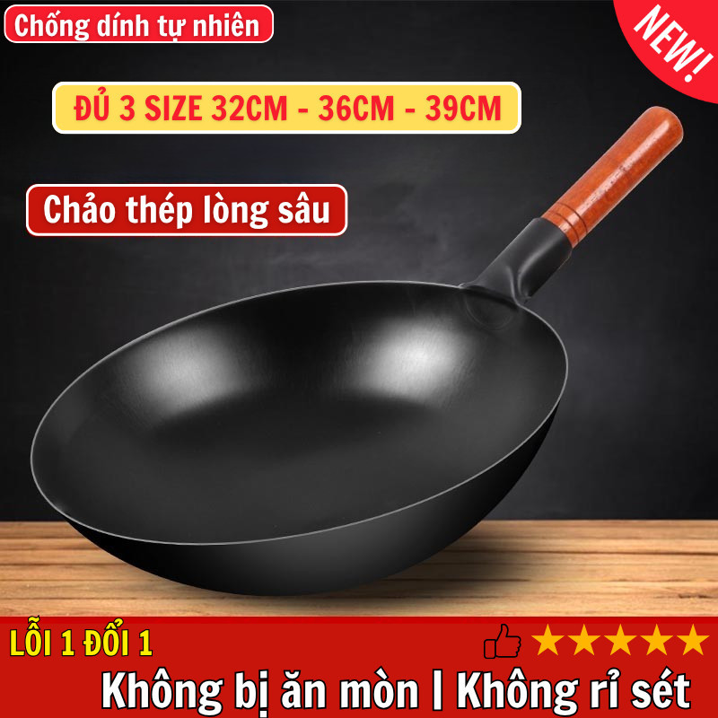Chảo Thép Tôi Cao Cấp Chống Dính Tự Nhiên MM HOUSE - Tay Gỗ Cách Nhiệt, 3 Size Dùng Bền