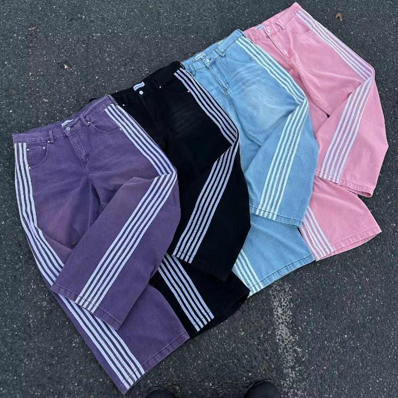 Quần Jean Baggy Nam Sọc Thêu Logo Retro, Xu Hướng Y2K Dạo Phố