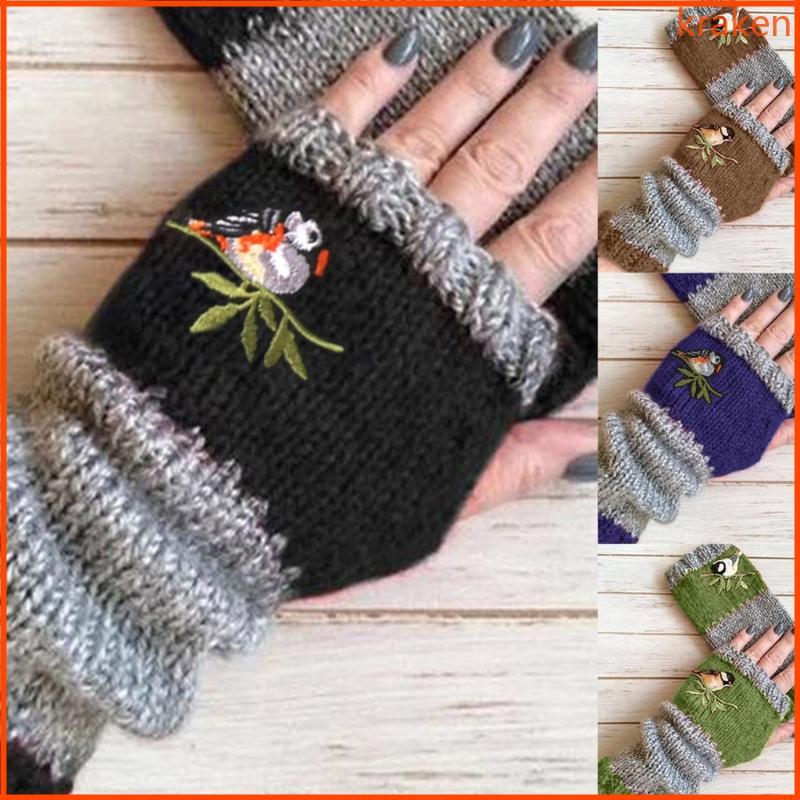 Winter Knitted Fingerless Gloves Bird Embroidered Thumb Hole Half Finger Mittens
