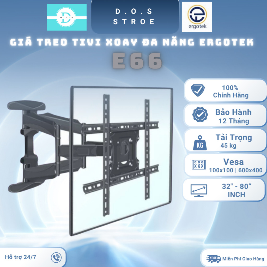 [HOT] [E66] [ErgoTek] GIÁ TREO TIVI GẮN TƯỜNG ĐIỀU CHỈNH GÓC TIỆN LỢI [32"-80" Inch] Vesa Mount