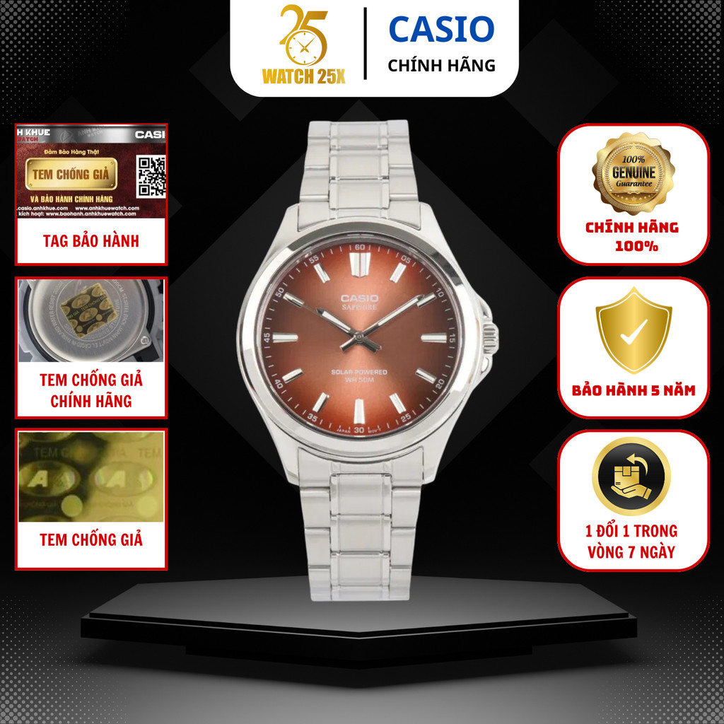 Đồng Hồ Nam Casio MTS-RS100D-5ADF Watch25x - Dây Kim Loại Size 41.7mm Mặt Đỏ Nâu Lịch Lãm