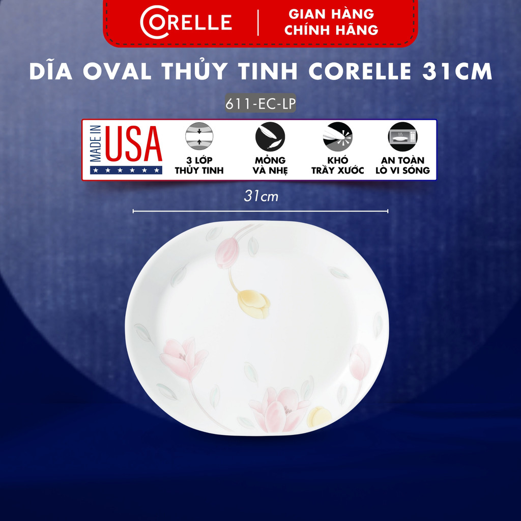 Dĩa thuỷ tinh Oval Corelle 611-EC-LP, Elegant City, Dĩa Mỹ Corelle size 31cm Chính Hãng Mỹ