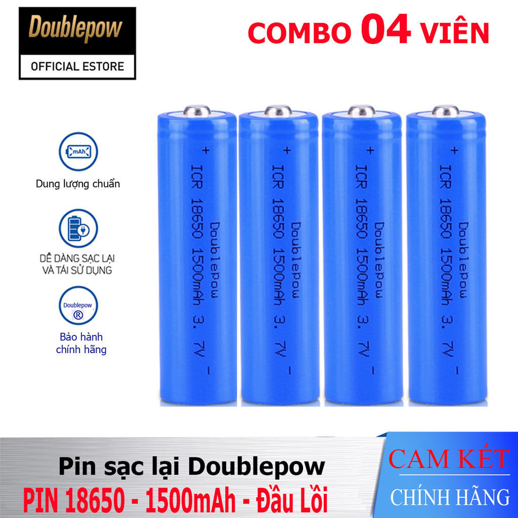 [Hộp 02 viên] Pin sạc Lithium 18650 - 1500mAh đầu lồi Doublepow, pin dung lượng thực