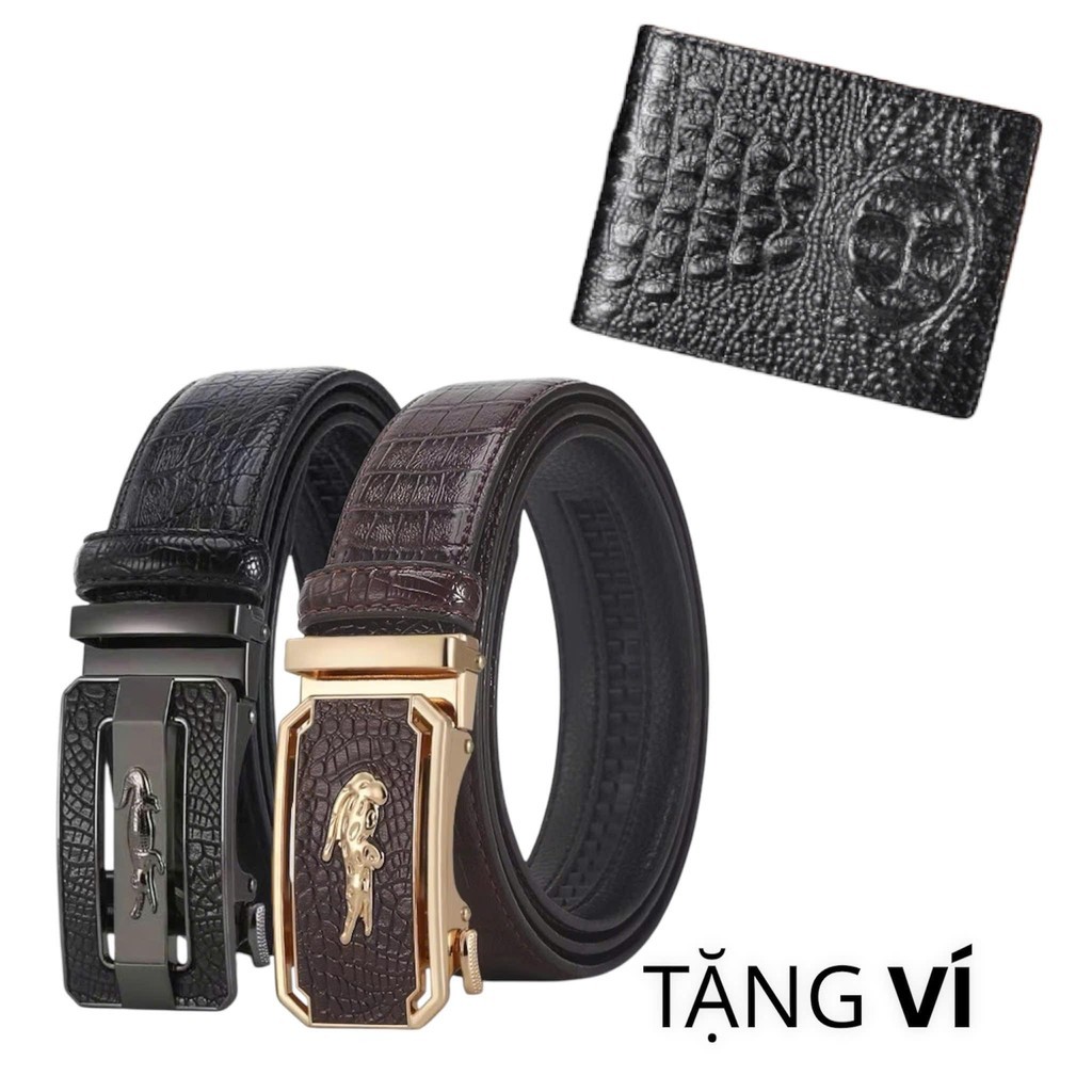 (TẶNG VÍ CÁ SẤU) Thắt Lưng Da Khóa Tự Động Vân Da Cá Sấu Cao Cấp - TẶNG Ví Cá Sấu Có Khóa Kéo