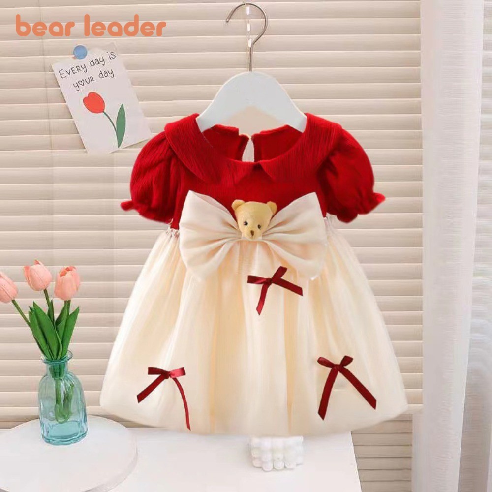 Bear Leader Cute Doll Collar Puff Sleeve Mesh Christmas New Year Dress Summer Bow Baby Girls Clothes