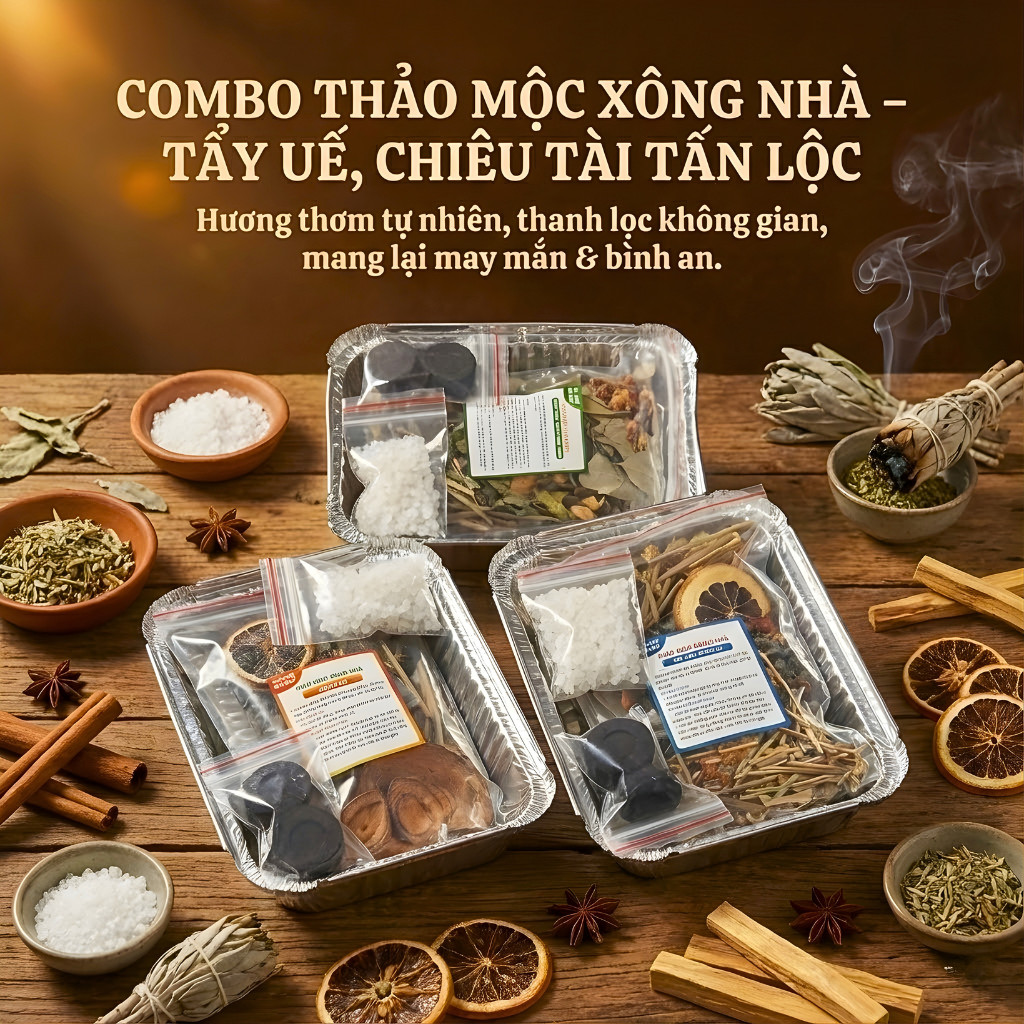 Combo Xông Nhà Tẩy Uế Thảo Mộc Mẫu Mới - Tẩy Uế Nhập Trạch, Xả Xui, Chiêu Tài Lộc (Đầy Đủ Khay Than)