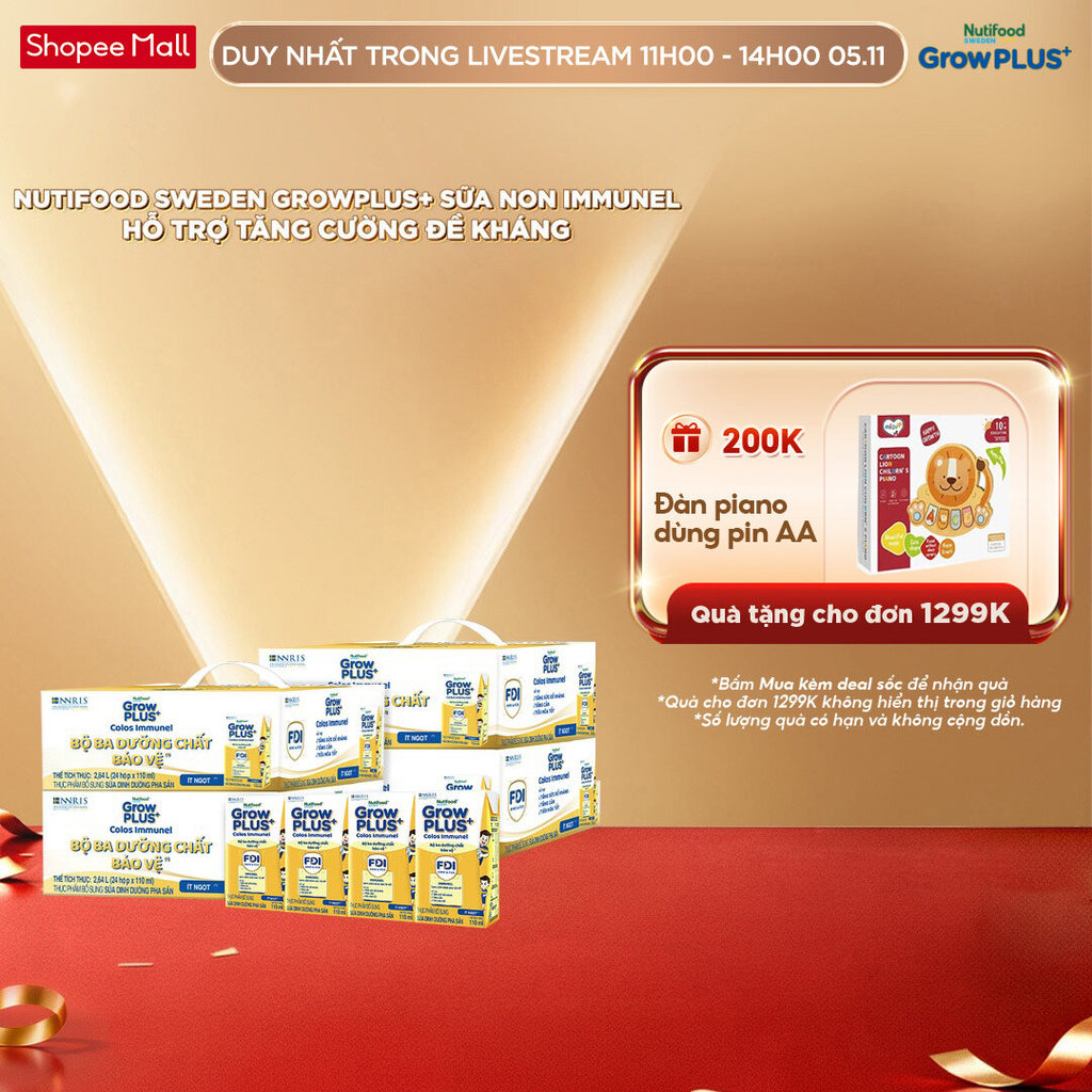Combo 4 Thùng 24 hộp Sữa Bột Pha Sẵn Nutifood Sweden GrowPLUS+ Sữa Non Immunel hộp 110 ml (Bao bì tu