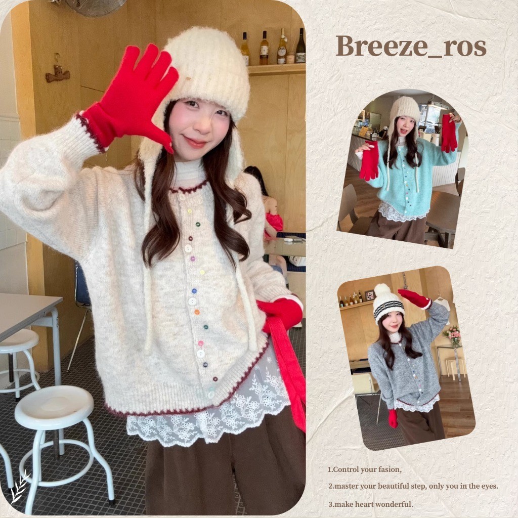 Breeze_ros Áo Khoác Len Cardigan Nữ Phong Cách Thu Đông Mới Cỡ Lớn Áo Khoác Len Ôm Dáng