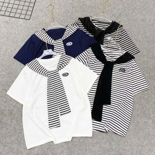  Áo Phông Bigsize Nữ Form Rộng Thiêu Chữ Kèm Khăn Quàng Vai Xinh Kẻ Sọc Vải Co Giãn - A326+A195 