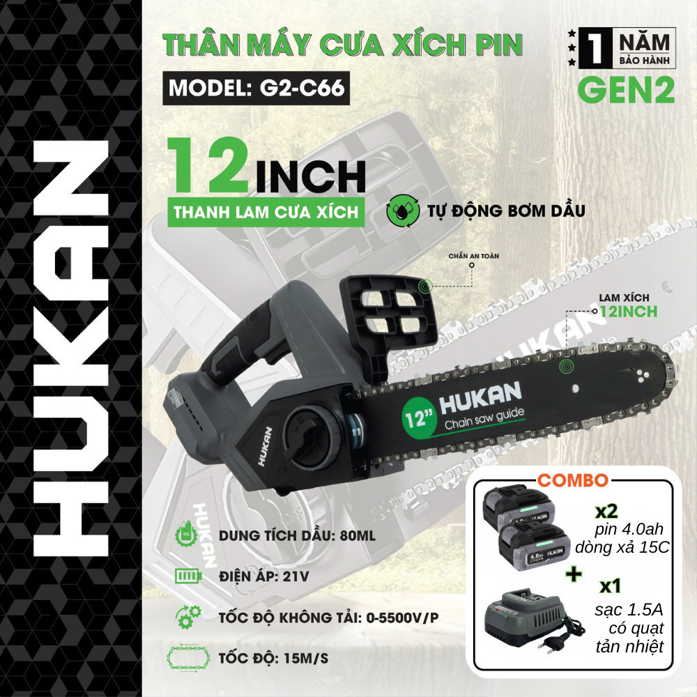 Máy cưa xích pin lam lớn HUKAN G2-C66, Công suất 850W, Lam xích lớn 12inch, Tra nhớt tự động - Chân 