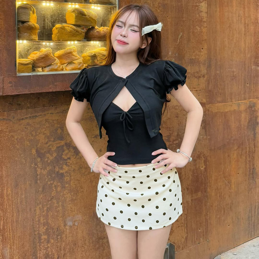 Chân Váy Chấm Bi Cạp Trễ  Kiểu Dáng Ôm Có Lót Quần Phong Cách Y2K C070