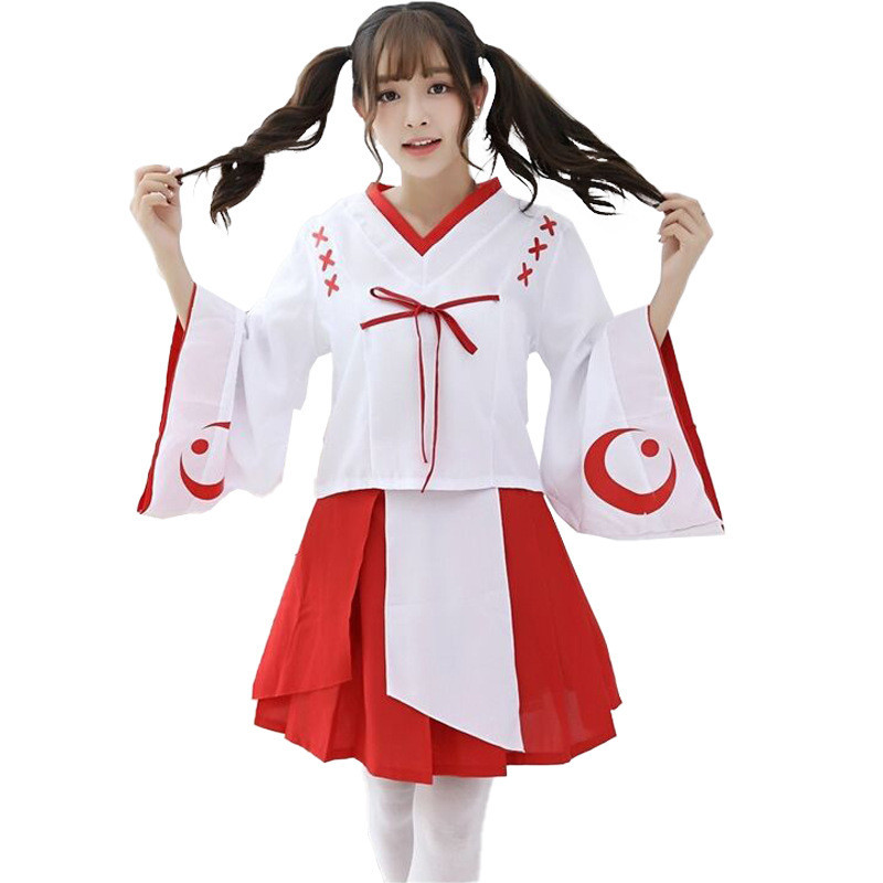 Kimono và Quần Áo Cosplay Kikyo Miko Phong Cách Anime Nhật với Thiết kế Mặt Trăng Lưỡi Liềm