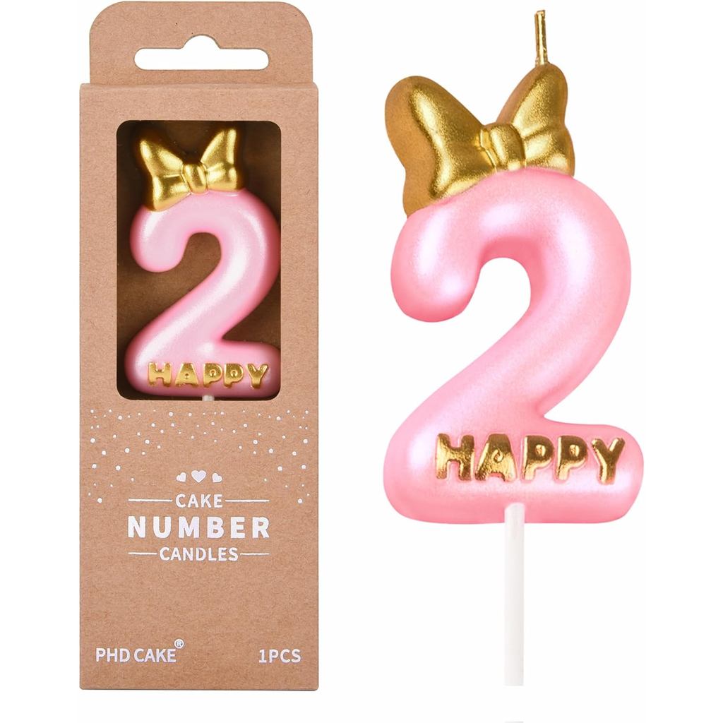 PHD CAKE 2.76 Inch Pink Bowtie 2 Số Nến Sinh Nhật, Nến Số Màu Hồng, Nến Số Bánh, Lễ Kỷ Niệm Tiệc