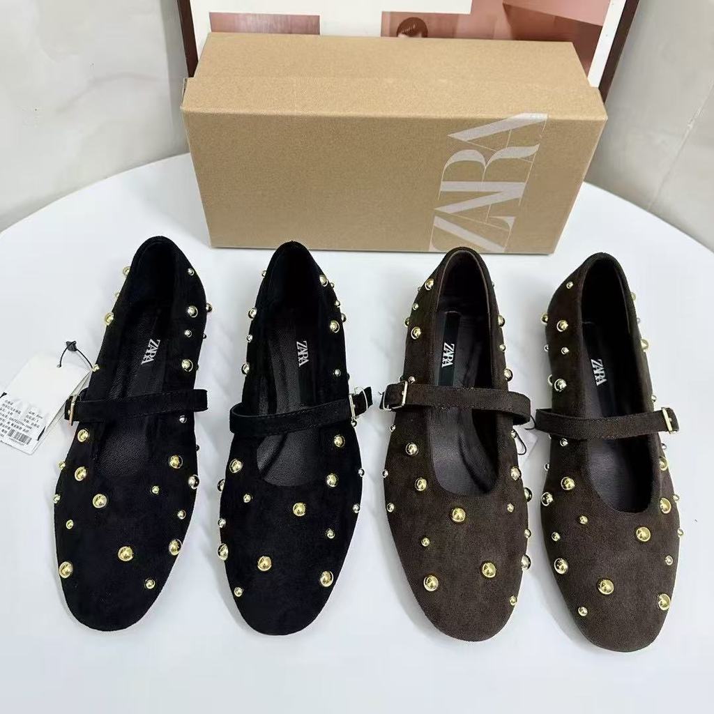 ZARA 2025New Women's Shoes Brown Studded Chanel Style Ballet Flats Flat Mary Jane Shoes