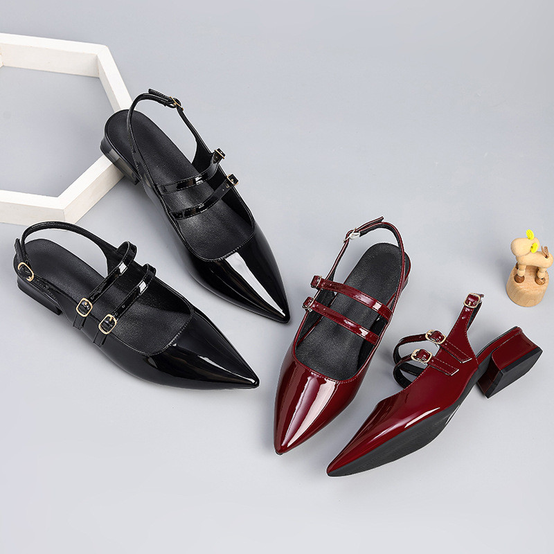 Ou Size Lưng Dép Rỗng Nữ 2025 Phong Cách Pháp Mũi Nhọn Ngón Chân Đế Giày Mary Jane Giày Cao Gót Dày