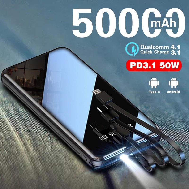 PA3 Hàng có sẵn 50000mAh Power Bank Di động Sạc nhanh toàn màn hình Tích hợp 3 cáp Powerbank Pin ngo