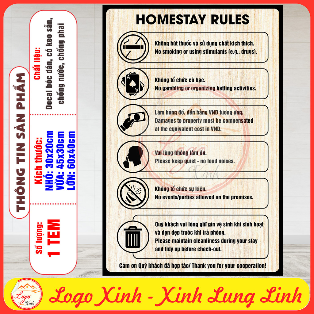 Tem Decal Dán - HOMESTAY RULES [Quy Định] Ở Homestay | Decal SONG NGỮ VIỆT - ANH | Decal chống nước,