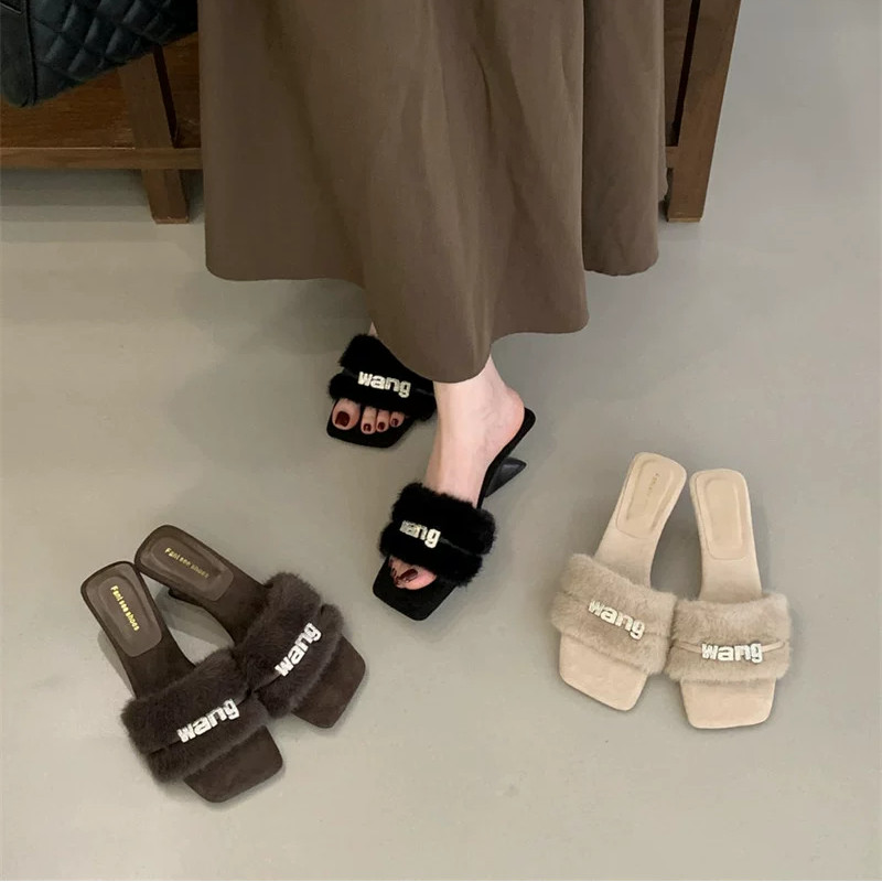 Dép cao gót nữ đế xuồng quai LÔNG 9 ly tag W ngang mũi vuông cao 5 cm