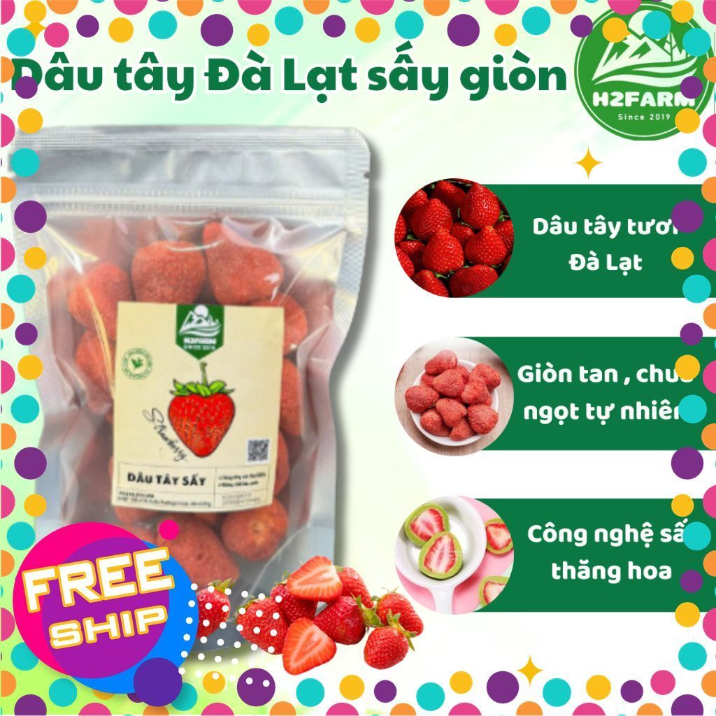 Dâu Tây Sấy Thăng Hoa - H2farm - Chua - Ngọt tự nhiên- Giòn tan - Snack food - Đặc sản Đà lạt nhà H2