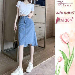  Chân váy jean midi chữ a váy bò cạp cao dáng dài qua gối cạp cao rách gấu xẻ tà sau Hibena V14 