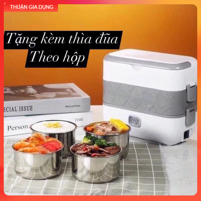 Hộp cơm cắm điện văn phòng 2 tầng 4 bát inox giữ nhiệt, hâm nóng và tự nấu chín nhỏ gọn,tiện lợi