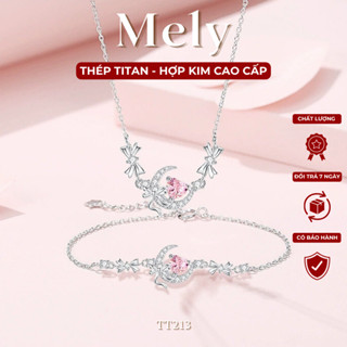 Bộ Trang sức Dây chuyền Vòng tay trái tim mặt trăng Moon Lover pha lê màu hồng sang trọng Mely TT213