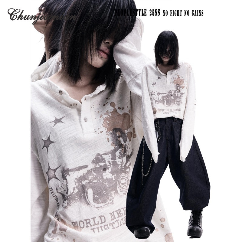 Áo thun nam style Y2K tiểu văn hóa cổ điển, cổ Henry