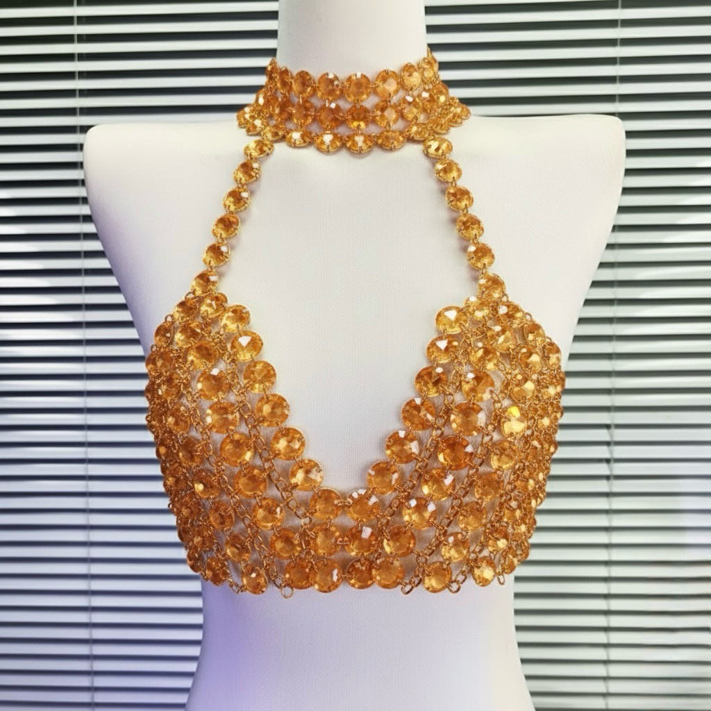 DISTRICT 5 - 126 - Áo Yếm Lưới Đính Đá Bling Bling Sexy Body Slay Tua Rua - Áo Dj Croptop Đính Đá Bl