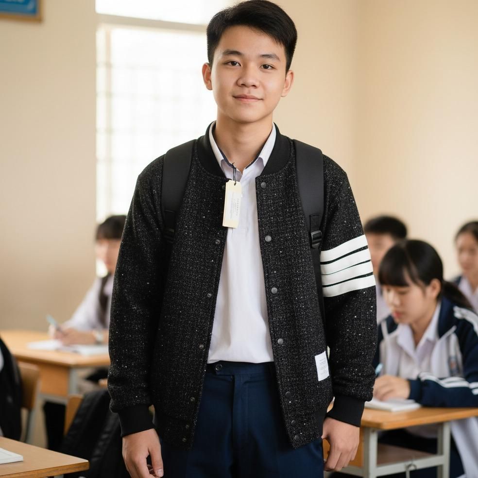 Áo khoác vải kim tuyến thêu 4 sọc trắng tay,áo khoác boy phố của 2025-2026 siêu hot nha