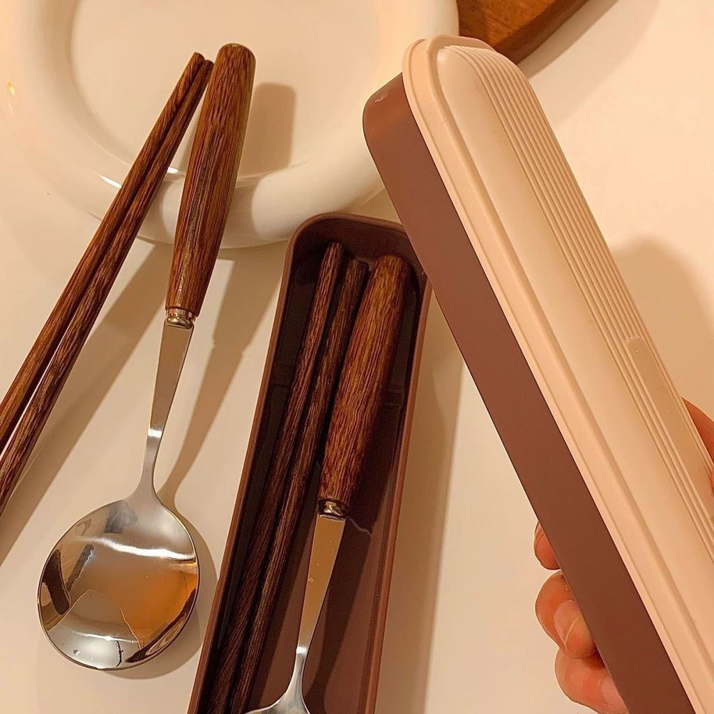 New Product#Caramel Color Chicken Wing Wood Round Handle Chopsticks Spoon Student Office Worker Port