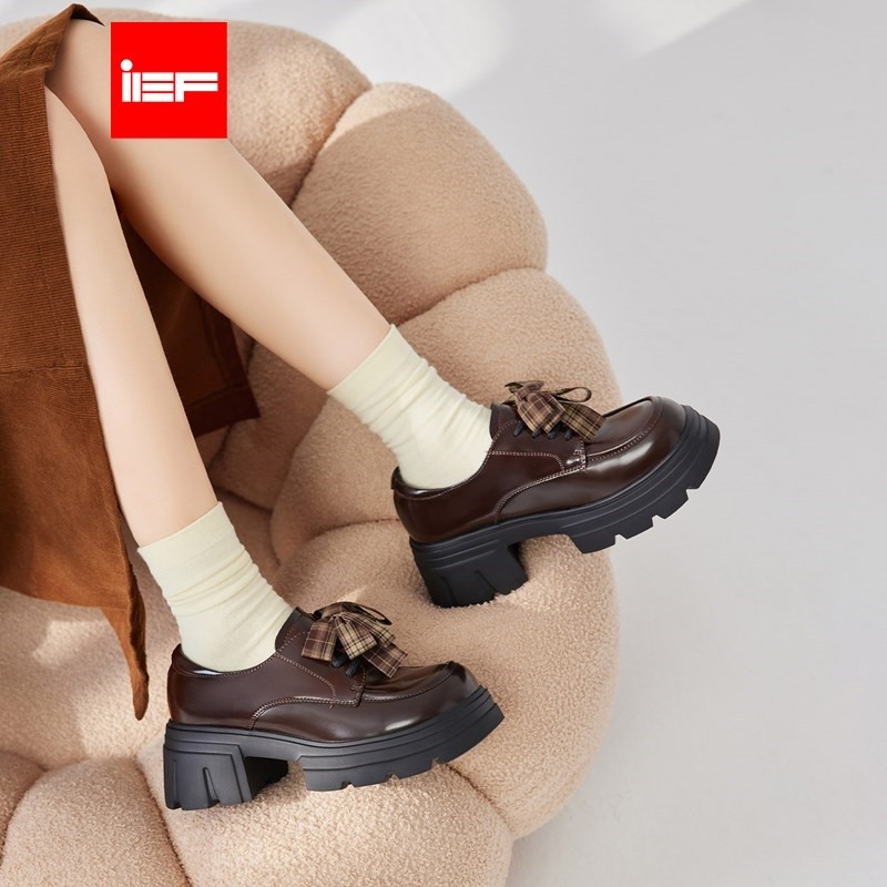 IEF, Giày nữ, Kiểu mới 2025, Giày Oxford, Mũi tròn, Đế dày, Retro, Phong cách Anh, Thiết kế nơ bướm