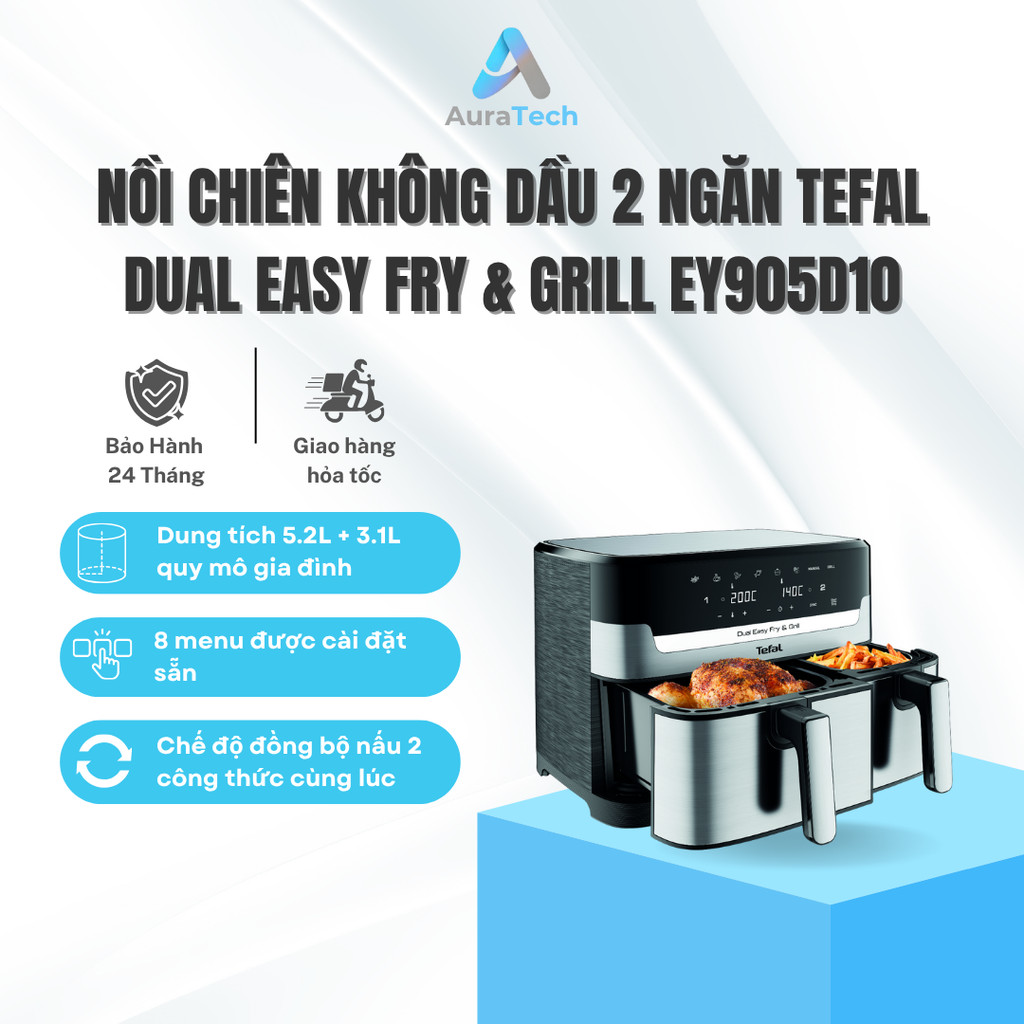Nồi chiên không dầu điện tử 2 ngăn Tefal Dual Easy Fry & Grill EY905D10 - Bảo Hành 24 Tháng