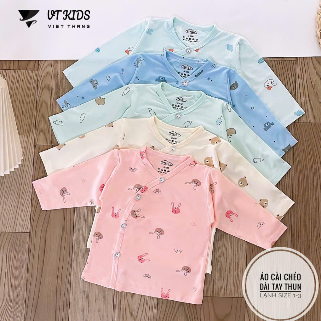 [Hàng đẹp] Combo 3/5 Áo dài tay cho bé trai gái sơ sinh chất thun lạnh mềm mịn khuy chéo nền màu siz