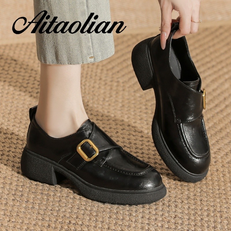 (Size 34-40) Da Thật Chính Hãng Giày Cao Gót Cao 5cm Giày Nữ Cổ Điển Giày Đế Bằng Phong Cách Anh Da 