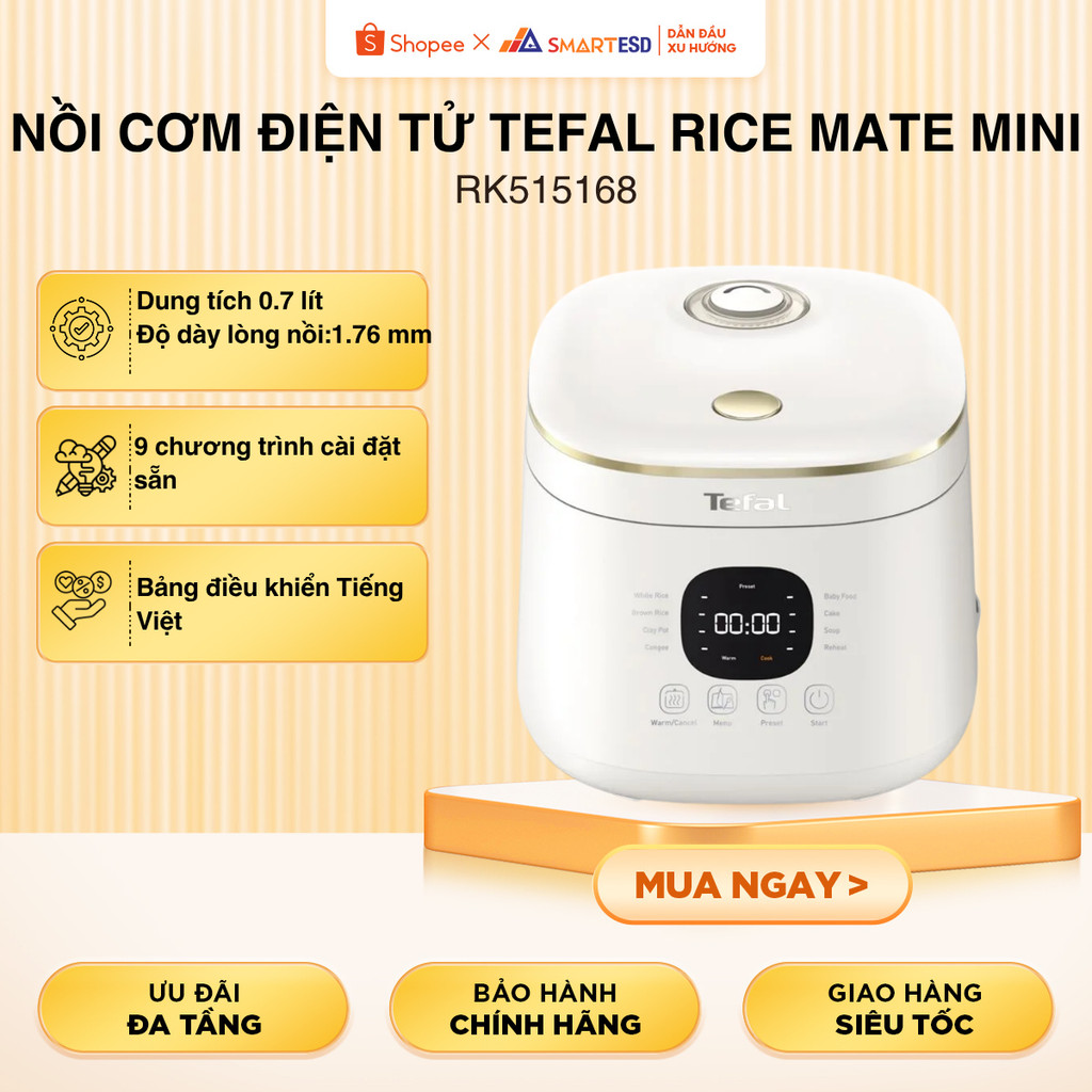 Nồi cơm điện tử Tefal Rice Mate Mini 0.7L RK515168 - Công nghệ nấu AI - Bảo hành chính hãng 24 tháng
