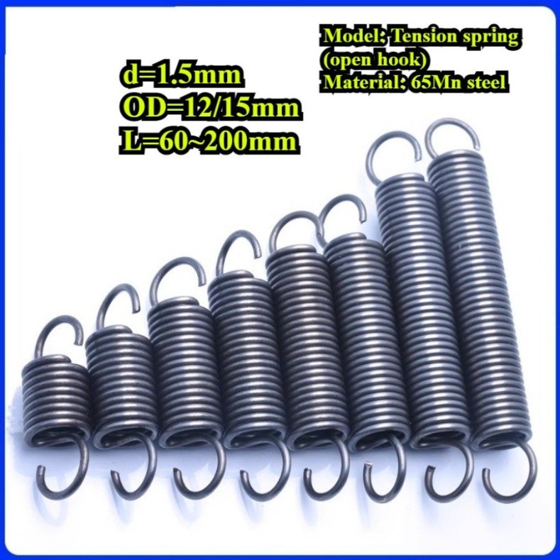 Lò xo căng / lò xo d = 1.5mm, OD12 / 15mm, L = 60 ~ 200mm lò xo căng thẳng có móc, áp dụng cho cửa n