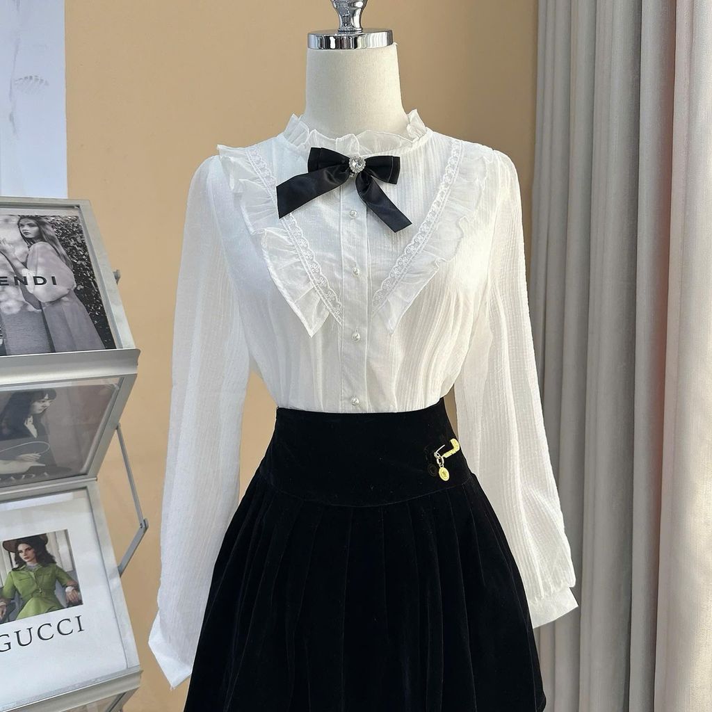 Áo sơ mi đáp bèo V cổ nơ cài - A2830 Kymie