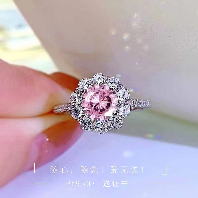 Nhẫn moissanite vàng trắng PT950 dạng bó hoa cho nữ