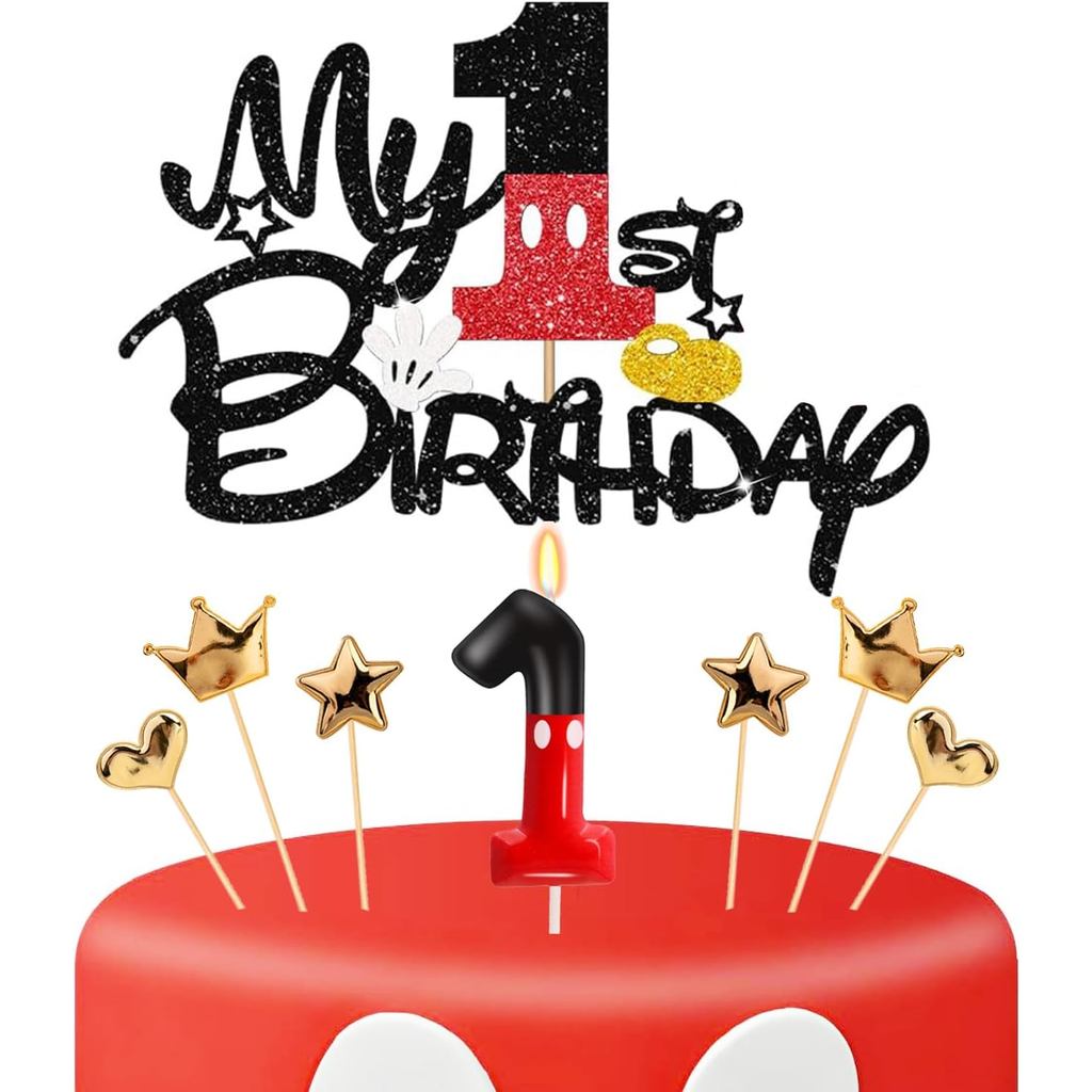 Trang trí bánh sinh nhật lần thứ 1, Số sinh nhật một tuổi 1 nến bánh và chuột hoạt hình lấp lánh Bộ 