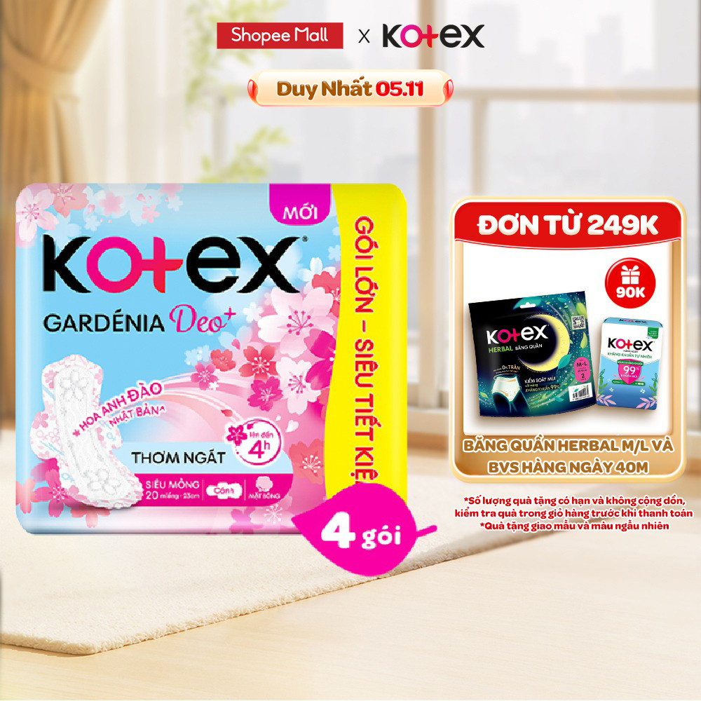 Lốc 4 gói băng vệ sinh Gardenia Deo+ - Hoa Anh Đào siêu mỏng cánh 23cm 20 miếng