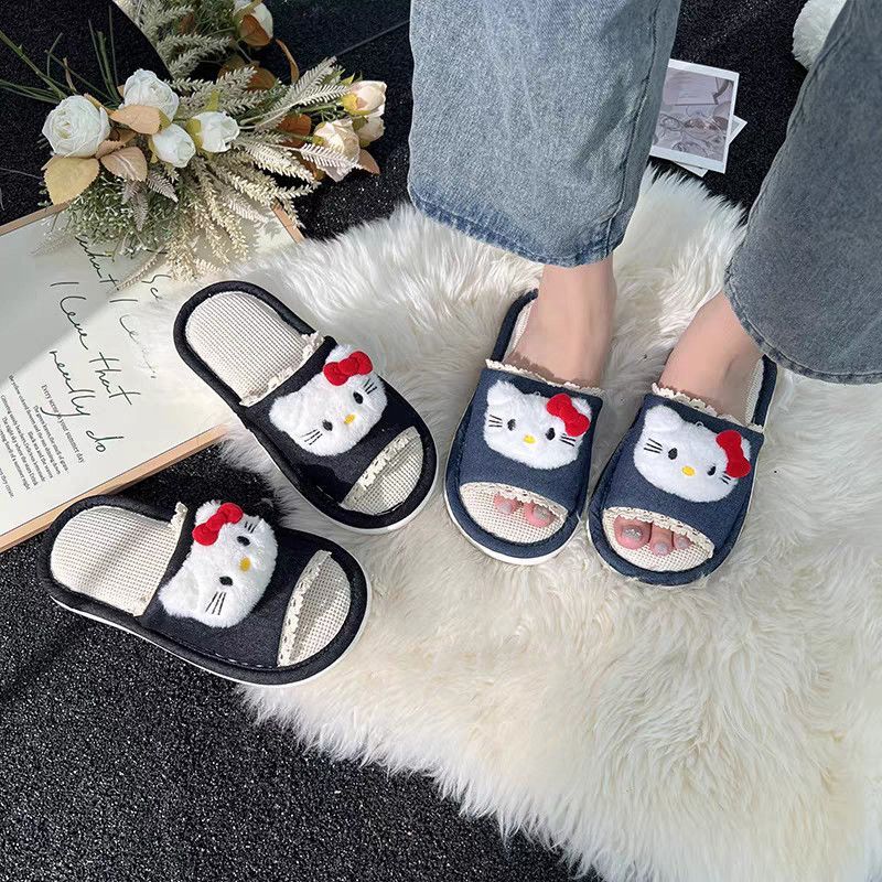 Sản phẩm mới Hàng có sẵn Gukoo / Nut Shell Spring HelloKitty Dép nữ Joint Flat Ladies Home Linen Dép