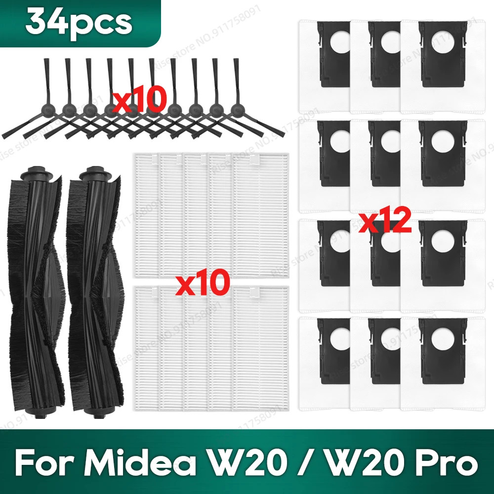 Tương thích với Midea W20, W20 Pro, Phụ kiện Eureka J20 Bàn chải bên chính Bộ lọc Hepa Bộ phận thay 