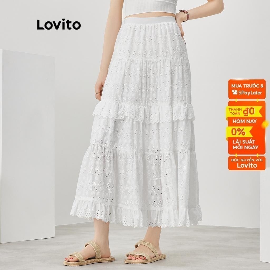 Lovito Váy Boho Trơn Ruffle Hem Rau diếp Viền Váy Một Dòng Cho Nữ L52AD142 (Trắng)