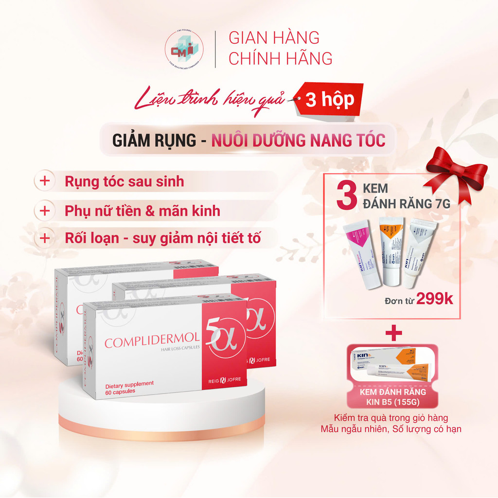 [3 HỘP TẶNG KĐR KIN B5] Viên Uống Mọc Tóc Complidermol 5 Alpha - Ngăn Rụng Tóc Nội Tiết Tố Nữ Hộp 60